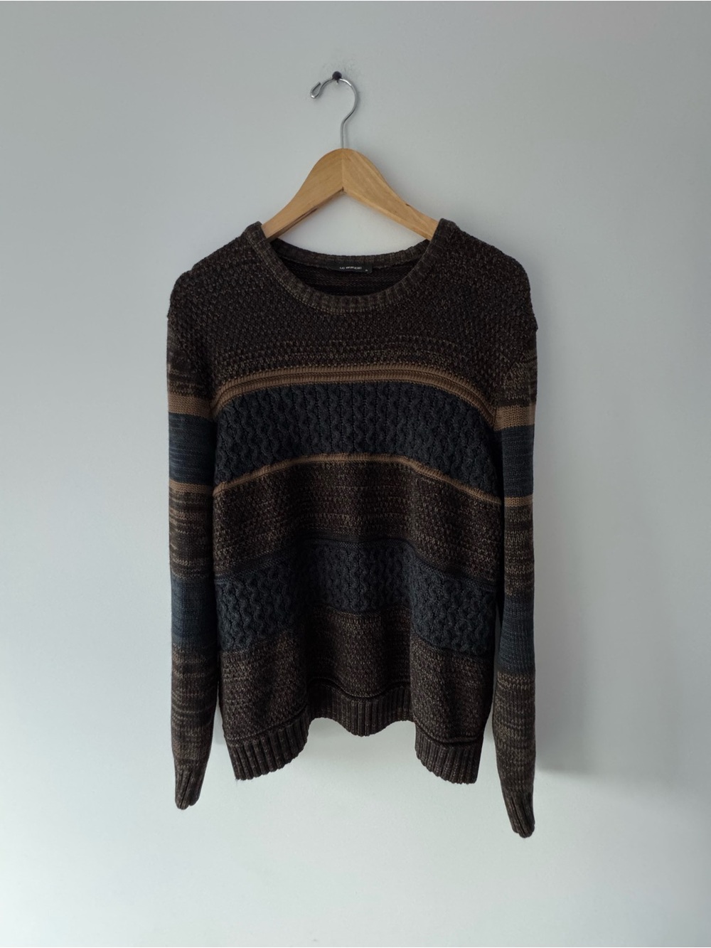 Striped Crewneck Knit Sweater in Brown and Gray